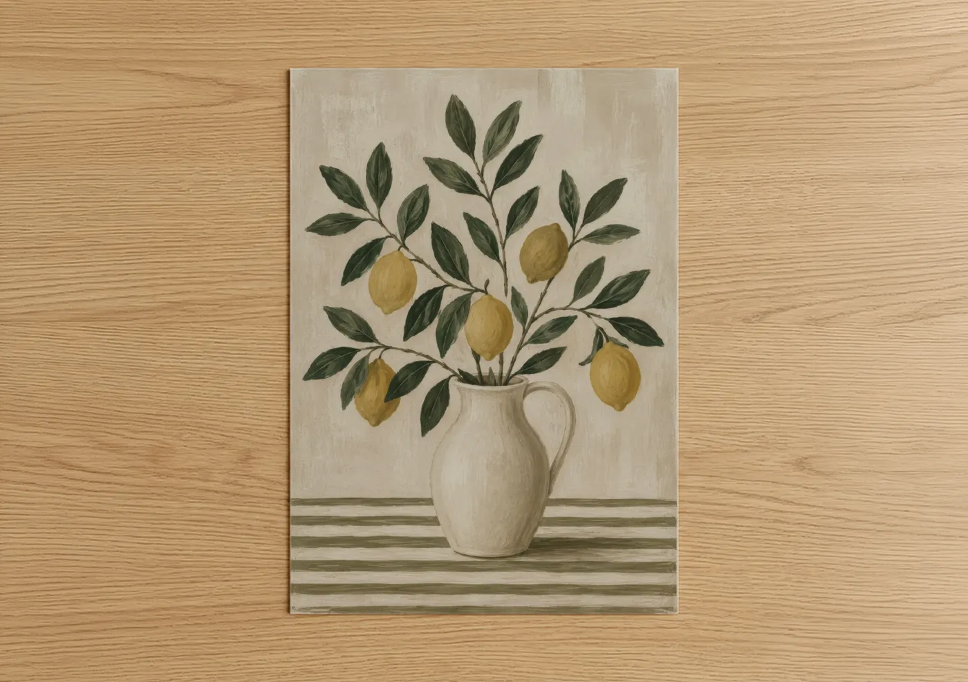Fruit trees art print on warm oak wood — beige and olive palette — Lemon Branch in Vase Wall Art poster