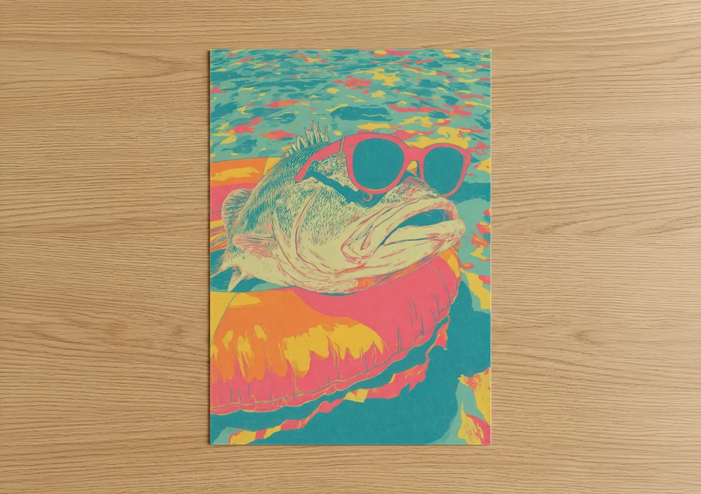 Art print on warm oak wood — teal and magenta palette — Cool Bass poster