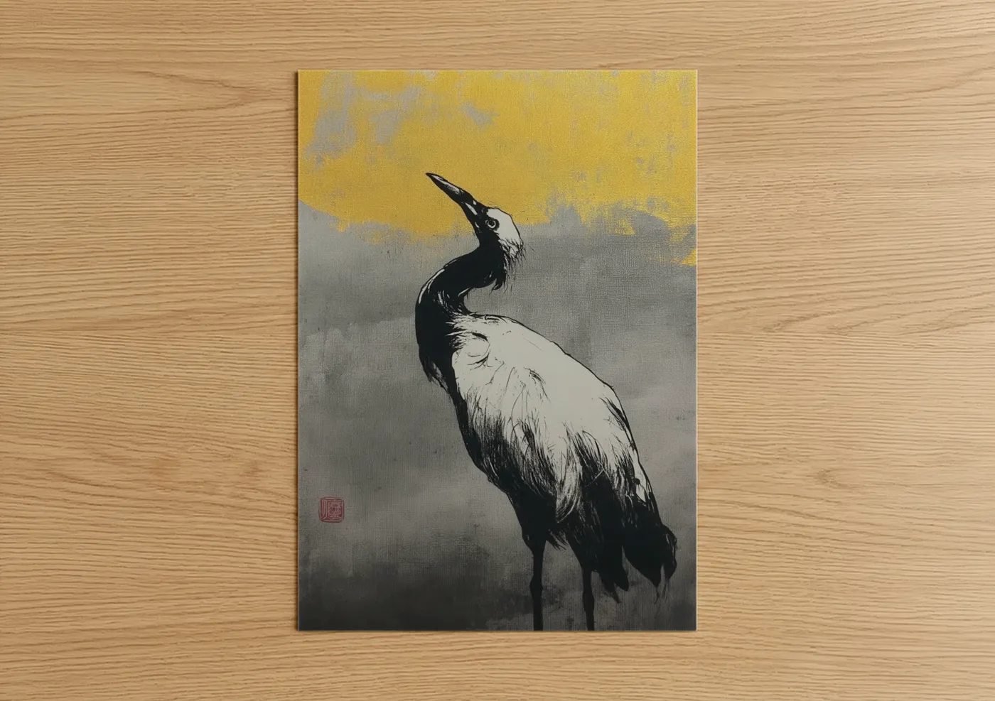 Abstract classic art print on warm oak wood — yellow gold and black and white palette — Golden Crane poster