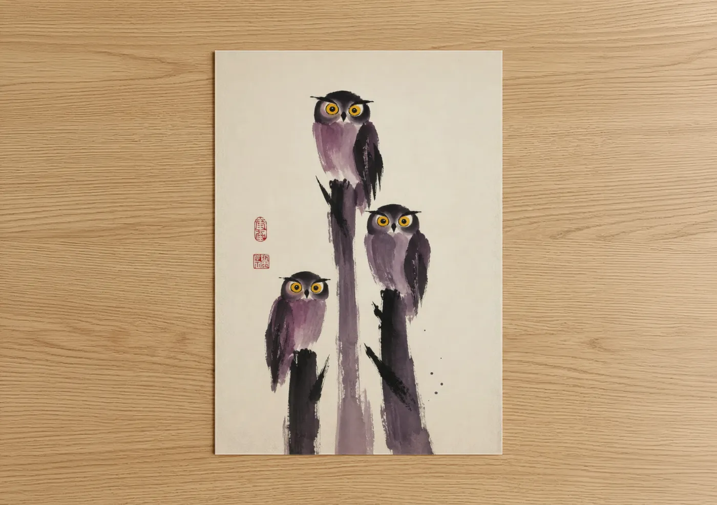 Art print on warm oak wood — purple and beige palette — Purple Owl Trio Asian Minimalist Wall Art poster