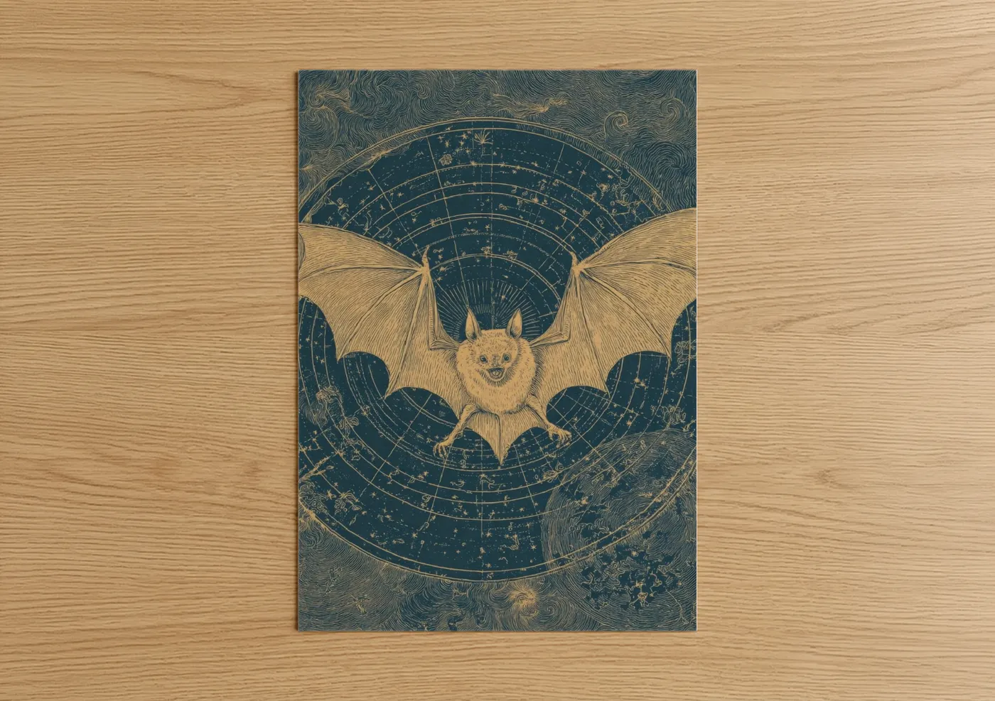 Art print on warm oak wood — dark blue and gold palette — Celestial Bat poster