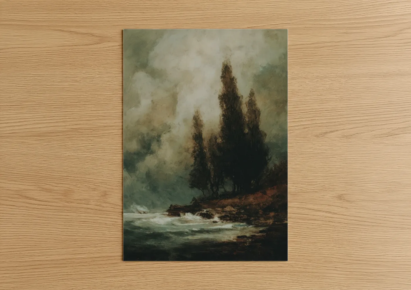Cypress tree art print on warm oak wood — dove gray and olive palette — Misty Cypress Grove poster