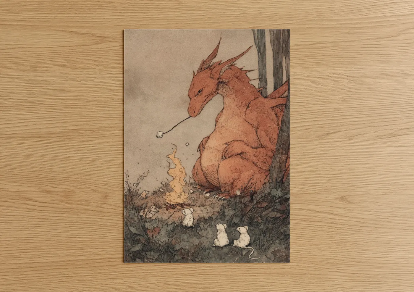 Crimson Dragon with Mushrooms Fantasy Wall Art