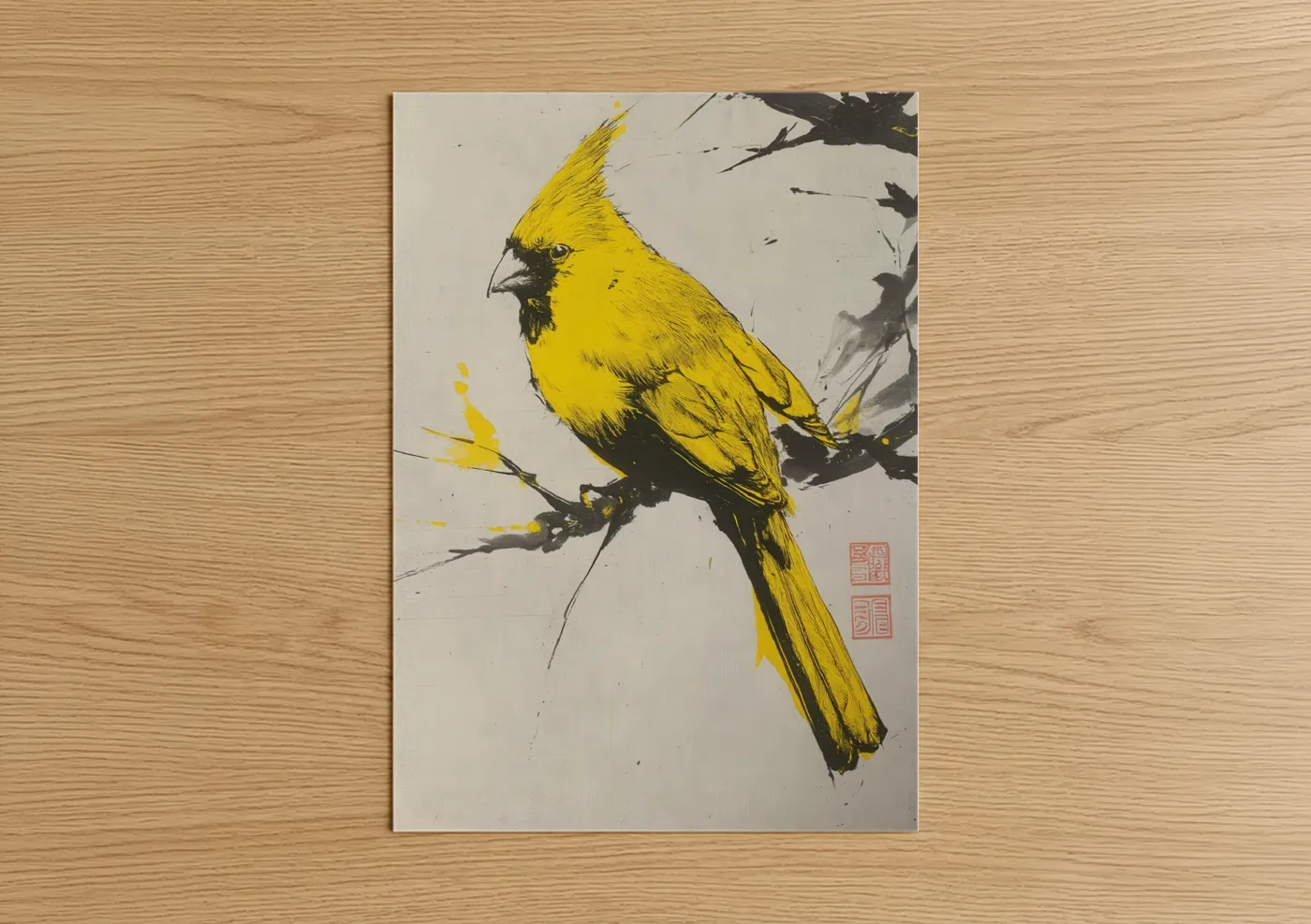 Yellow Cardinal Bird Ink Art Print Wall Art