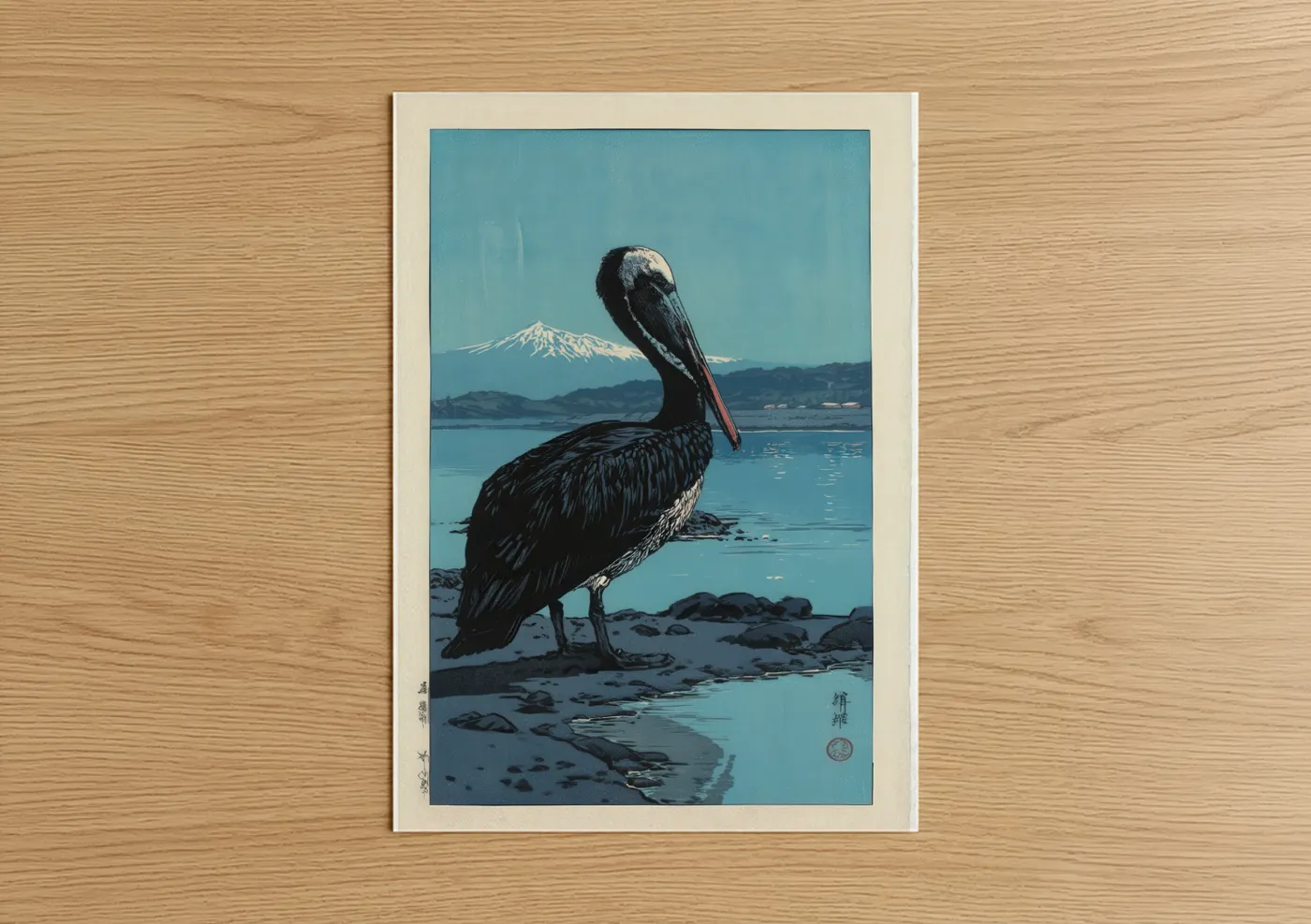 Art print on warm oak wood — blue and black palette — Mount Fuji Pelican poster