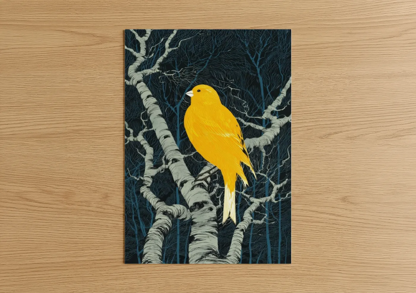 Canaries art print on warm oak wood — yellow gold and black and white palette — Golden Canary Perch poster