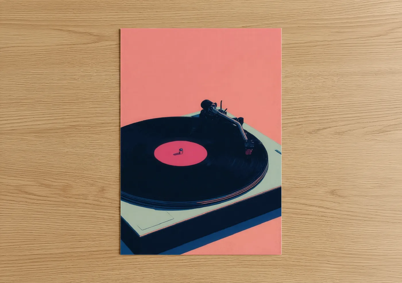 Vinyl records art print on warm oak wood — salmon pink and dark blue palette — Neon Turntable poster
