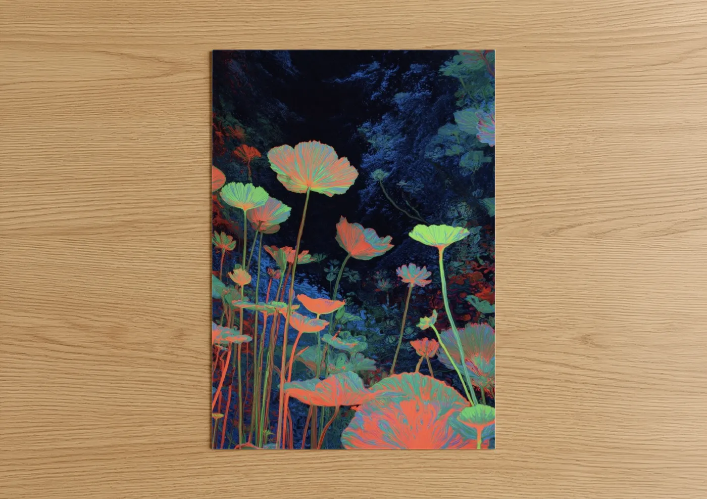 Magic and witchcraft art print on warm oak wood — dark blue and orange palette — Neon Lotus Garden poster