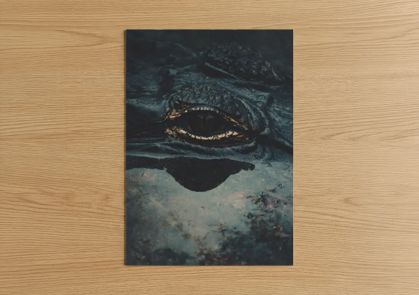 Alligator art print on warm oak wood — black and dark blue palette — Predator's Gaze poster