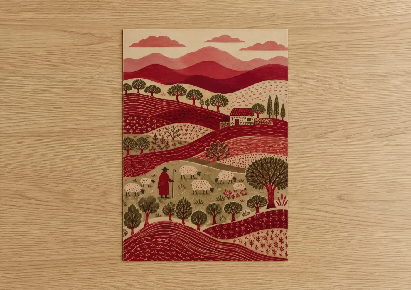 Sheep art print on warm oak wood — maroon and beige palette — Pastoral Countryside Shepherd Scene Wall Art poster