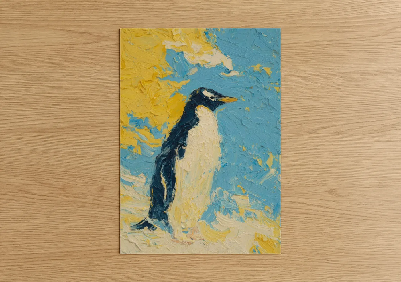 Art print on warm oak wood — blue and yellow gold palette — Coastal Penguin poster