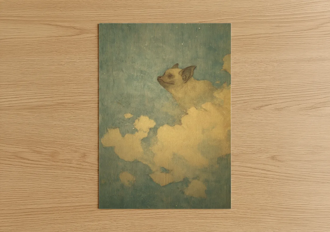 Art print on warm oak wood — sage green and cream palette — Dreaming Bat poster