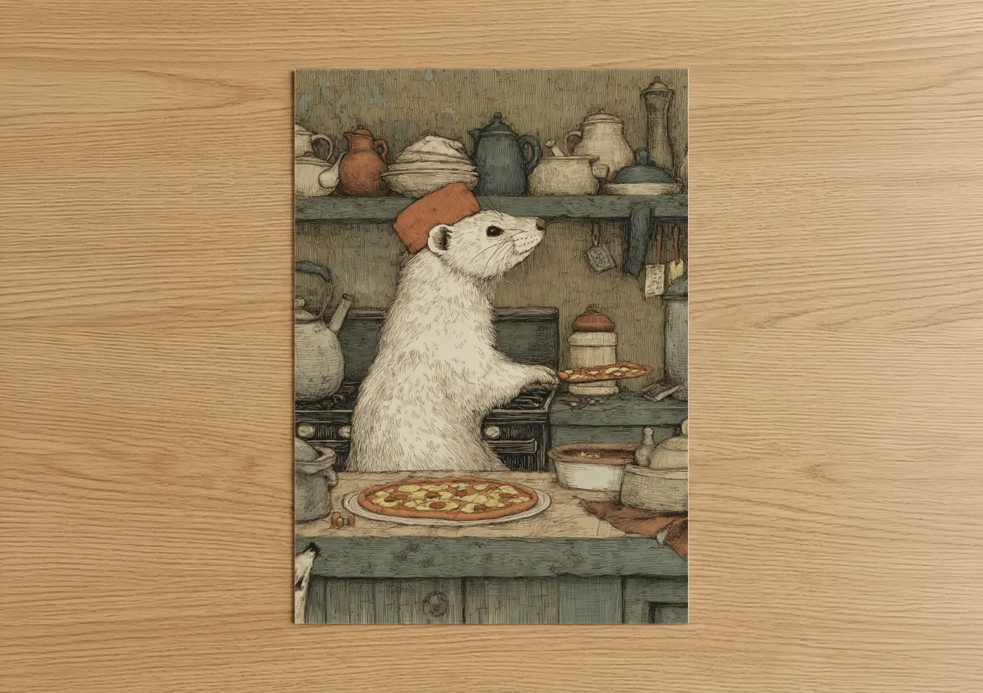 Chef Weasel Cooking Kitchen Illustration Wall Art