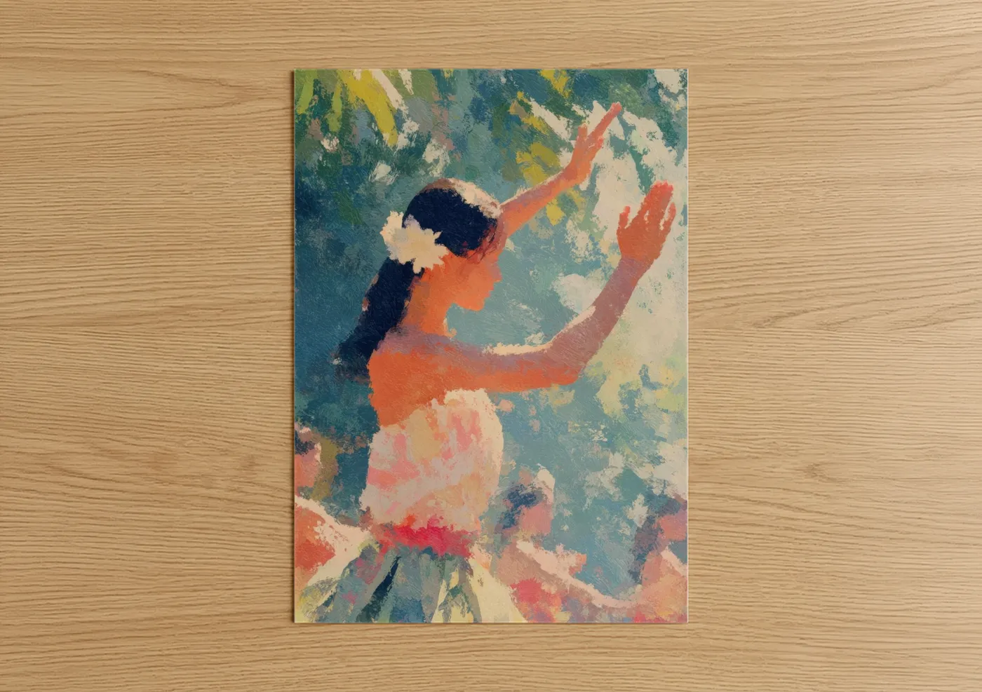 Art print on warm oak wood — teal and salmon pink palette — Tropical Hula Dancer poster
