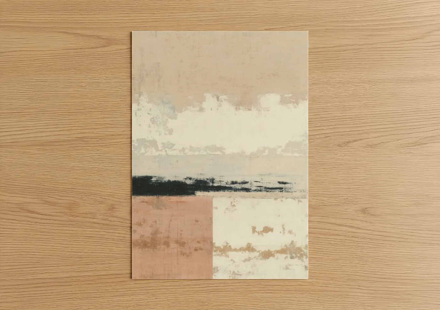 Abstract minimalist art print on warm oak wood — cream and dove gray palette — Layered Minimalism poster