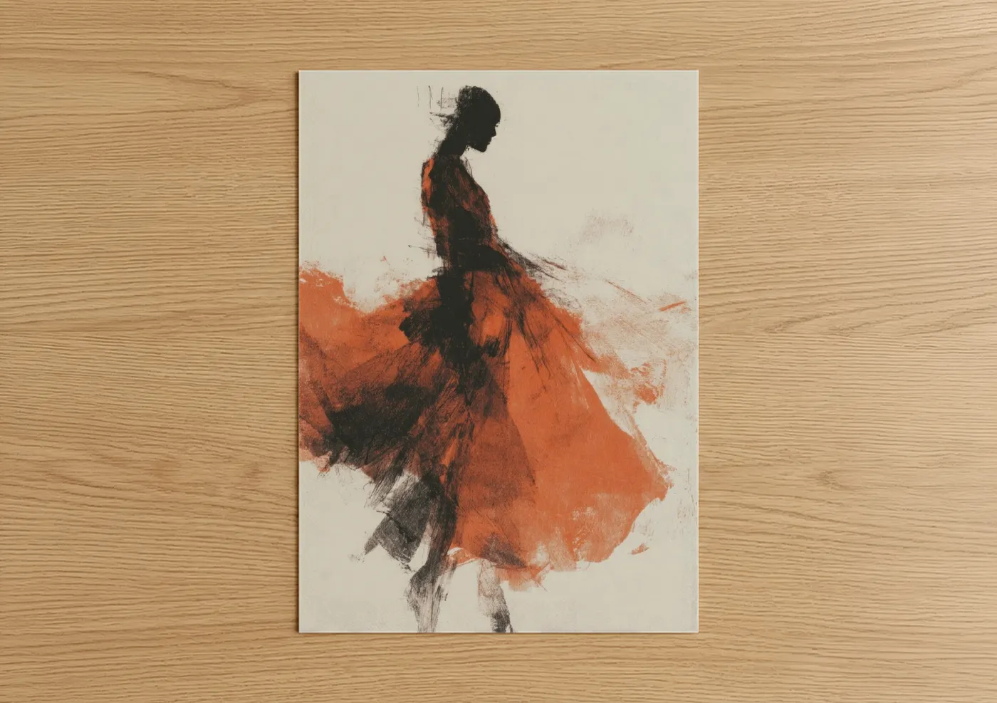 Fashion illustration art print on warm oak wood — pumpkin and black palette — Crimson Silhouette poster