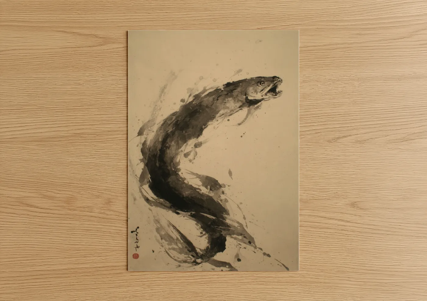 Eels art print on warm oak wood — black and white and beige palette — Leaping Eel poster
