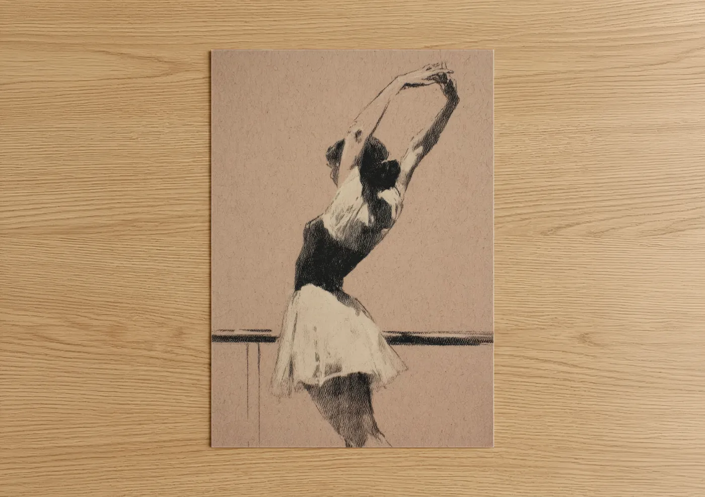 Art print on warm oak wood — black and white and beige palette — Graceful Ballet Stretch poster