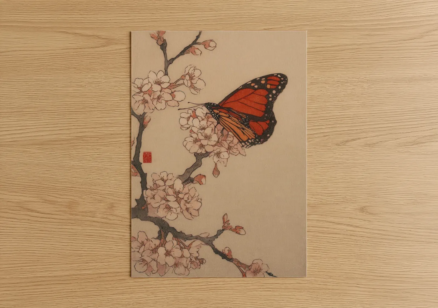Butterfly art print on warm oak wood — peach and cream palette — Monarch Cherry Blossom poster