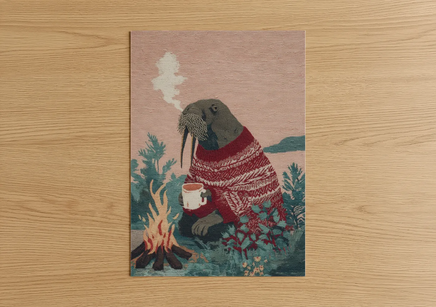 Art print on warm oak wood — russet and teal palette — Cozy Walrus poster