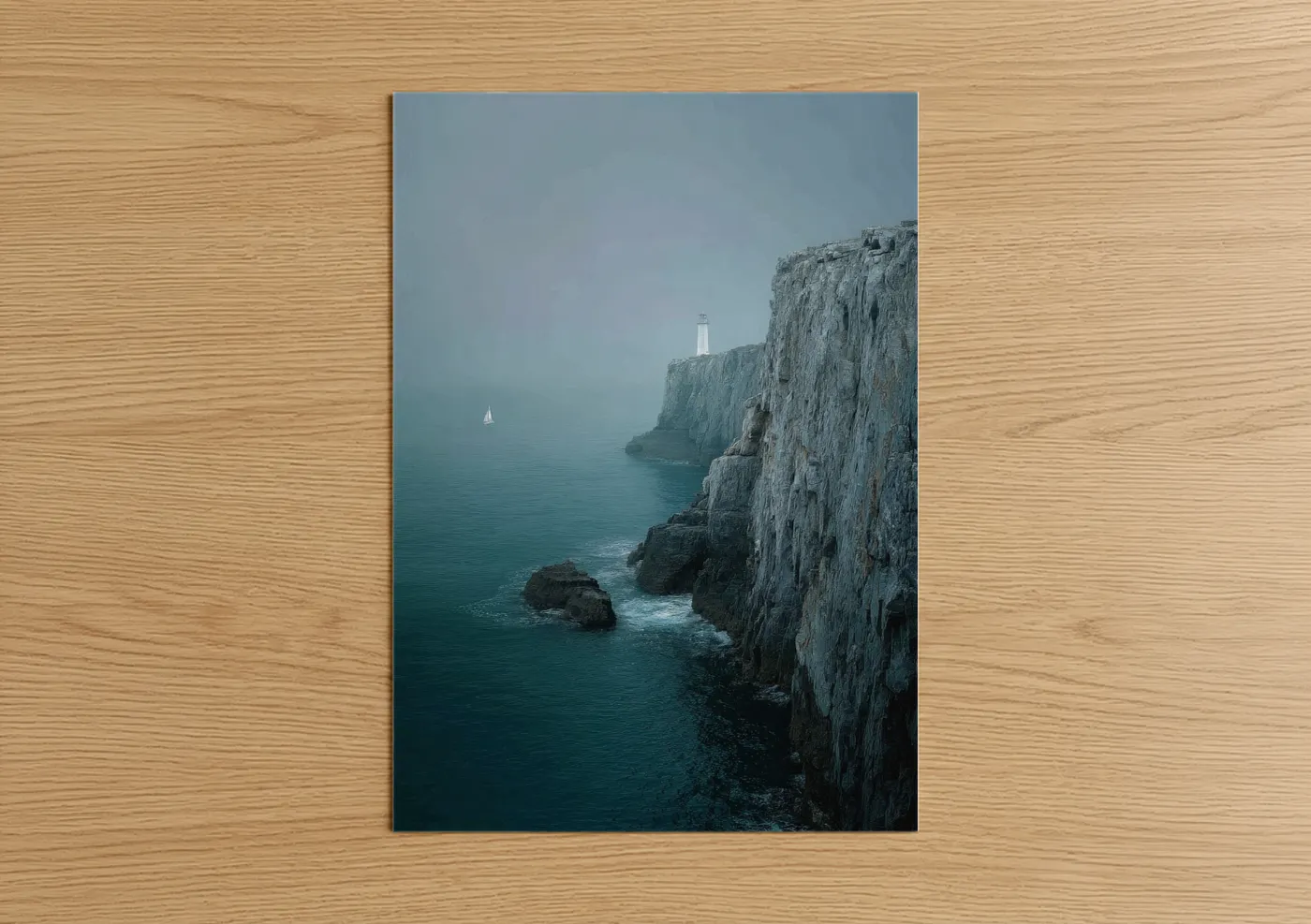 Art print on warm oak wood — teal and gray palette — Coastal Cliff Lighthouse poster