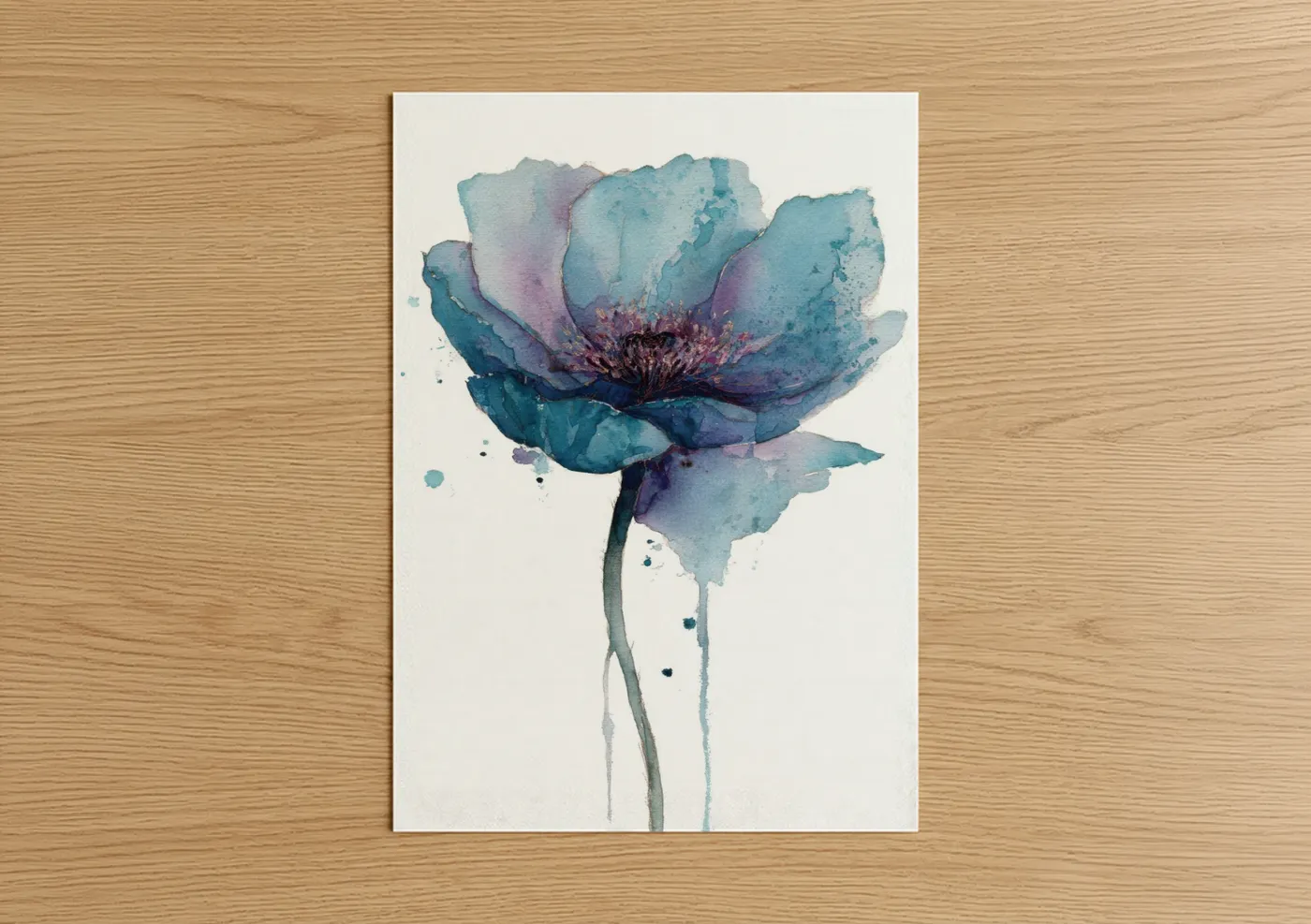 Sea anemone art print on warm oak wood — turquoise and lavender palette — Teal Anemone poster