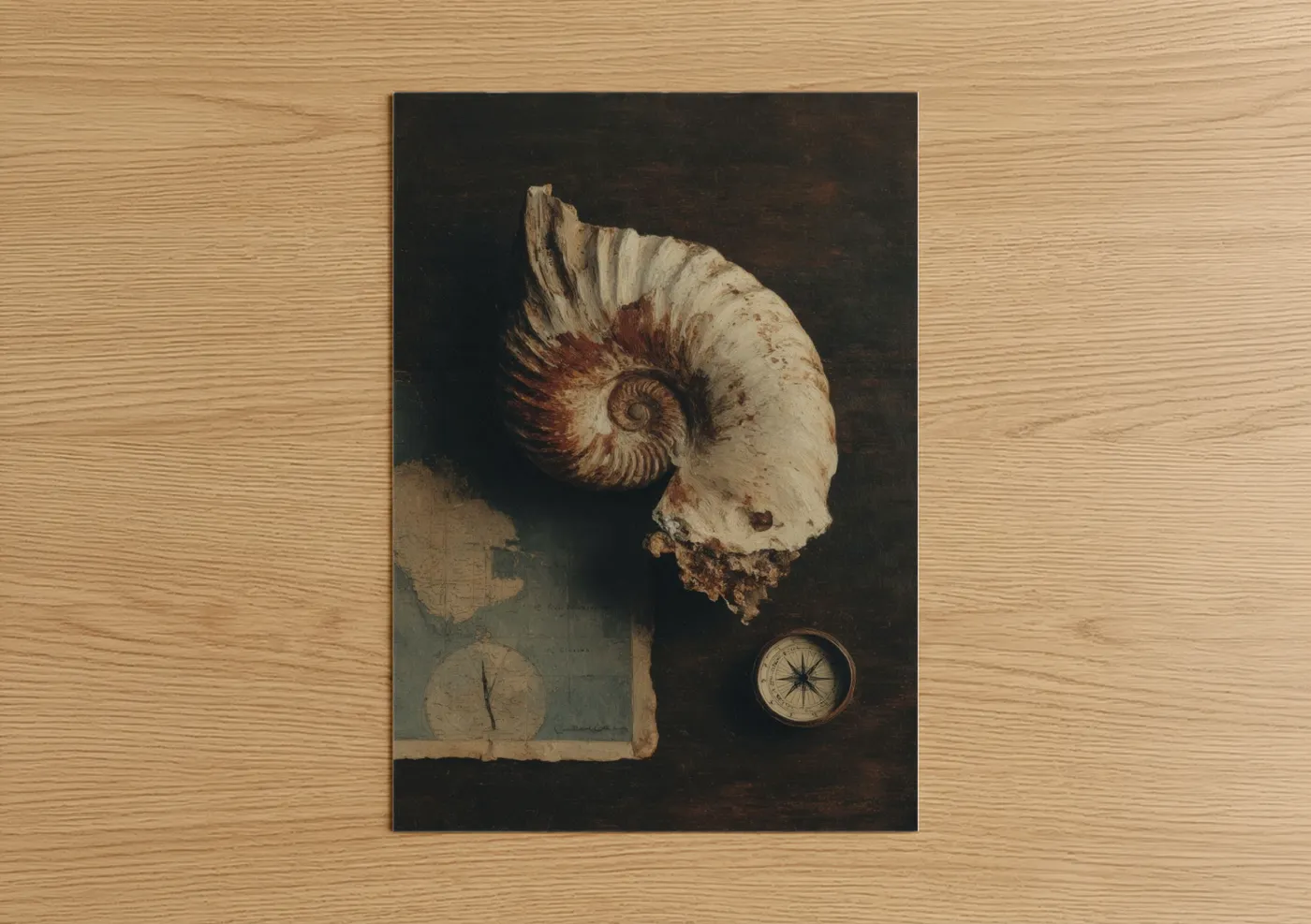 Art print on warm oak wood — cream and espresso palette — Vintage Nautilus poster