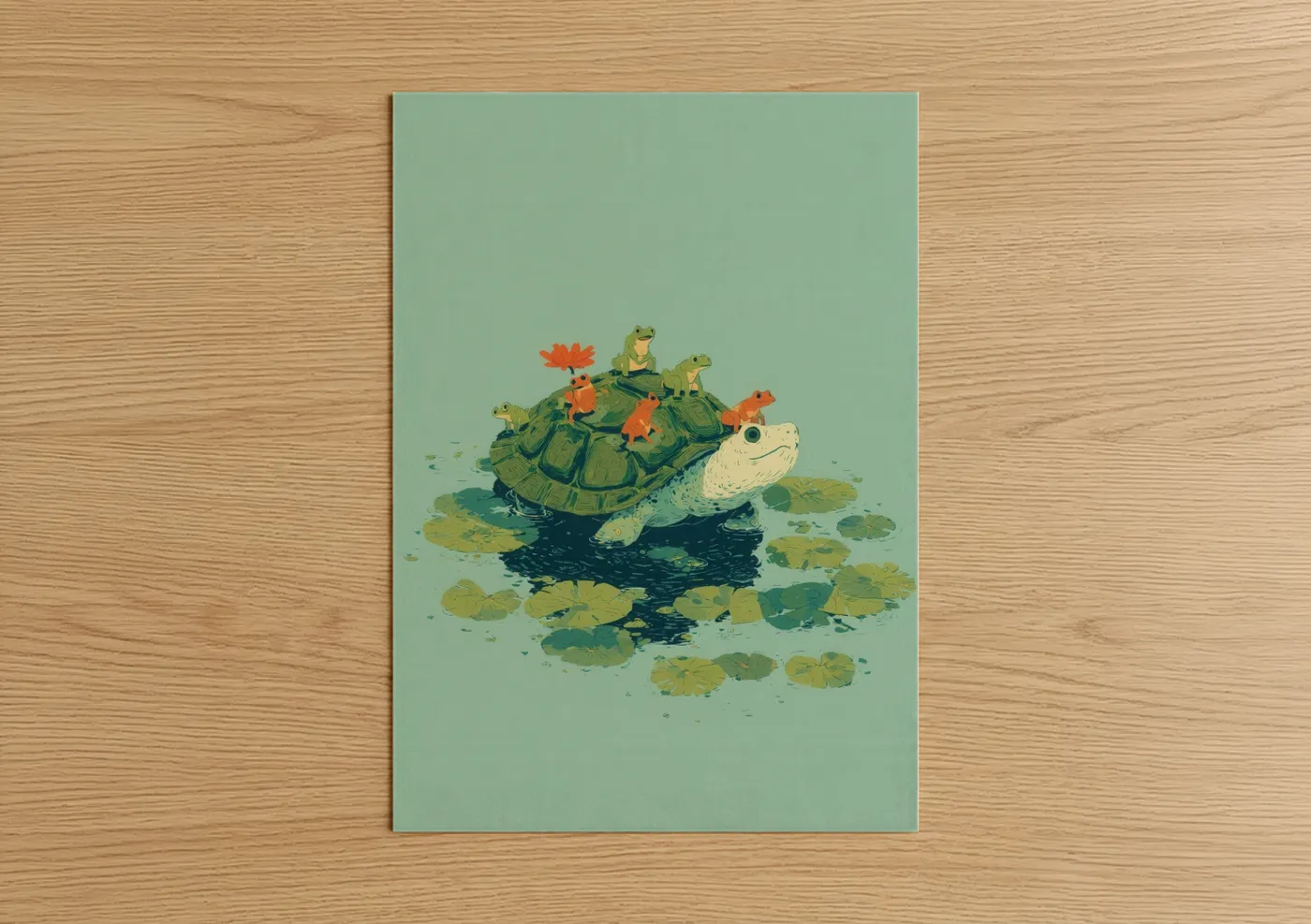 Lily Pad Turtle with Frogs Illustration Wall Art