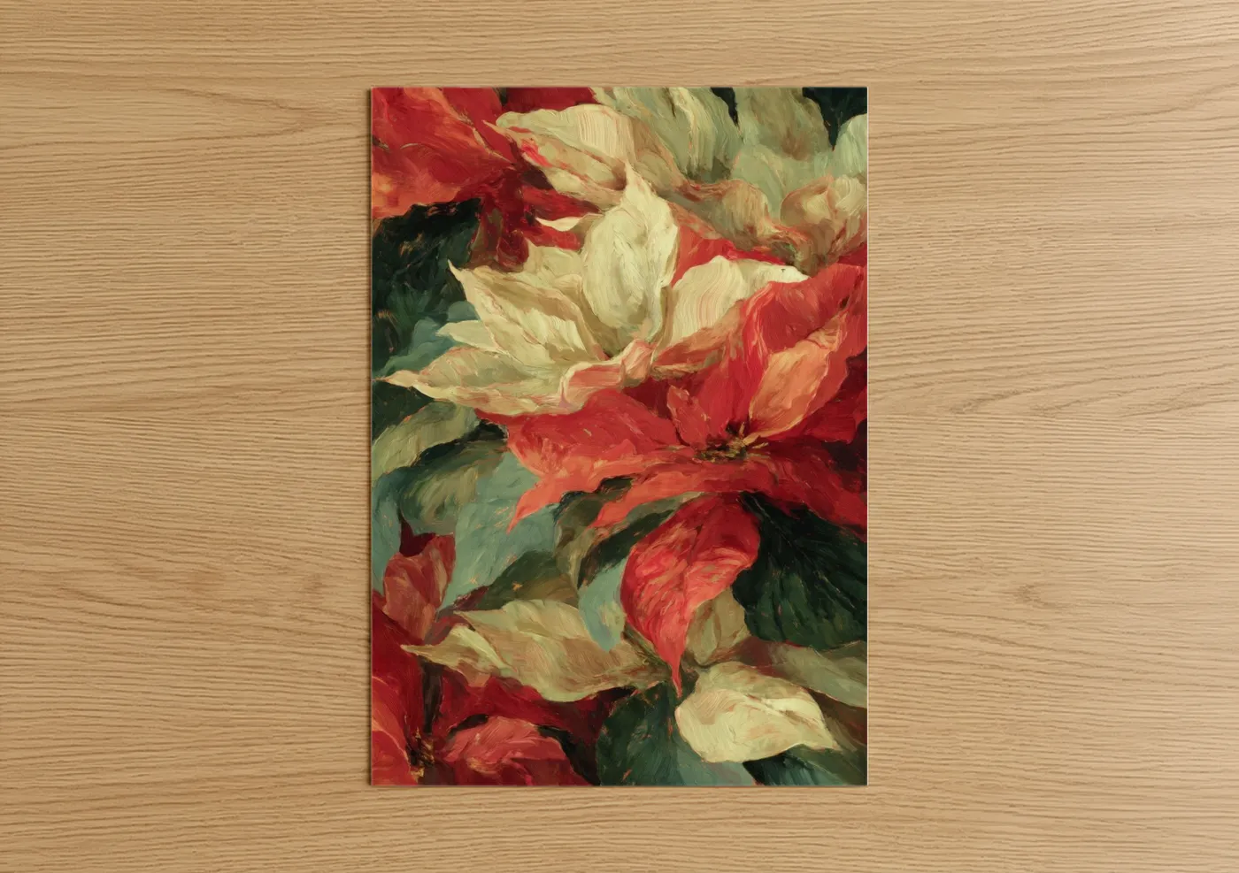 Art print on warm oak wood — red and cream palette — Crimson Poinsettias poster
