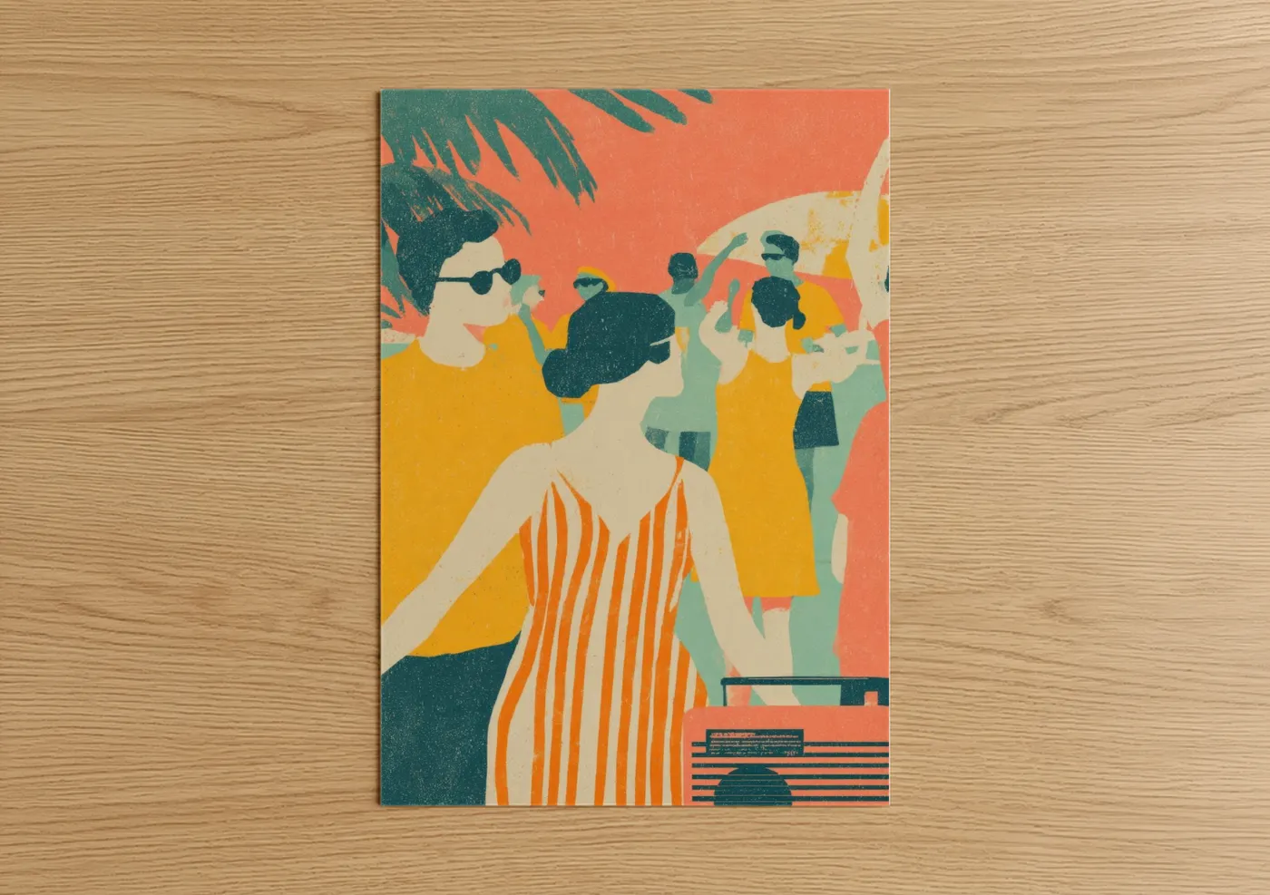 Retro pop art print on warm oak wood — orange and teal palette — Poolside Vibes poster