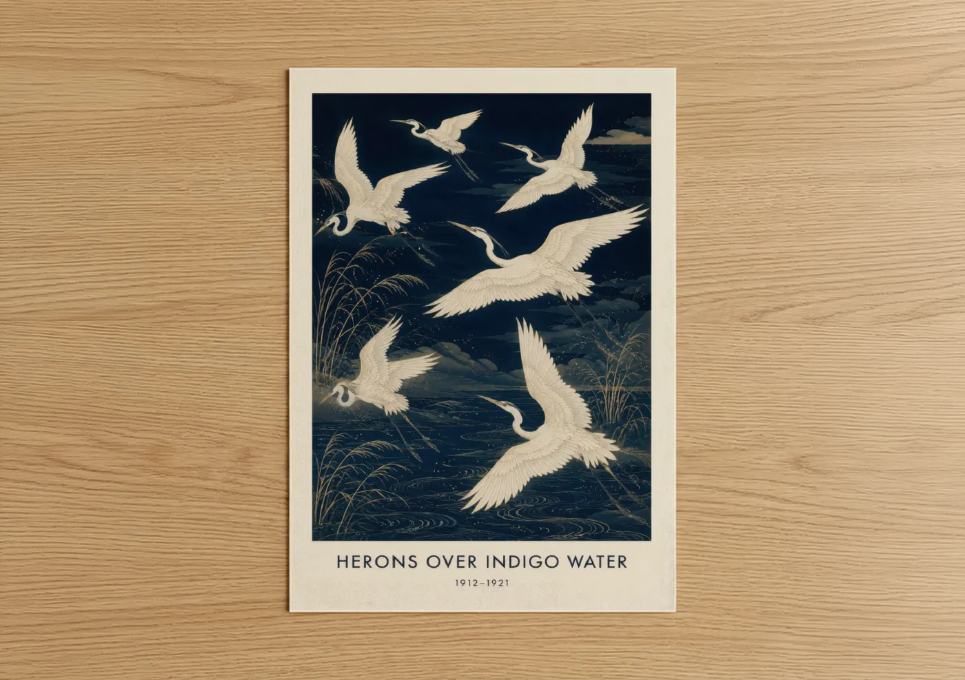 Art print on warm oak wood — blue and cream palette — Japanese Herons Over Indigo Water Wall Art poster