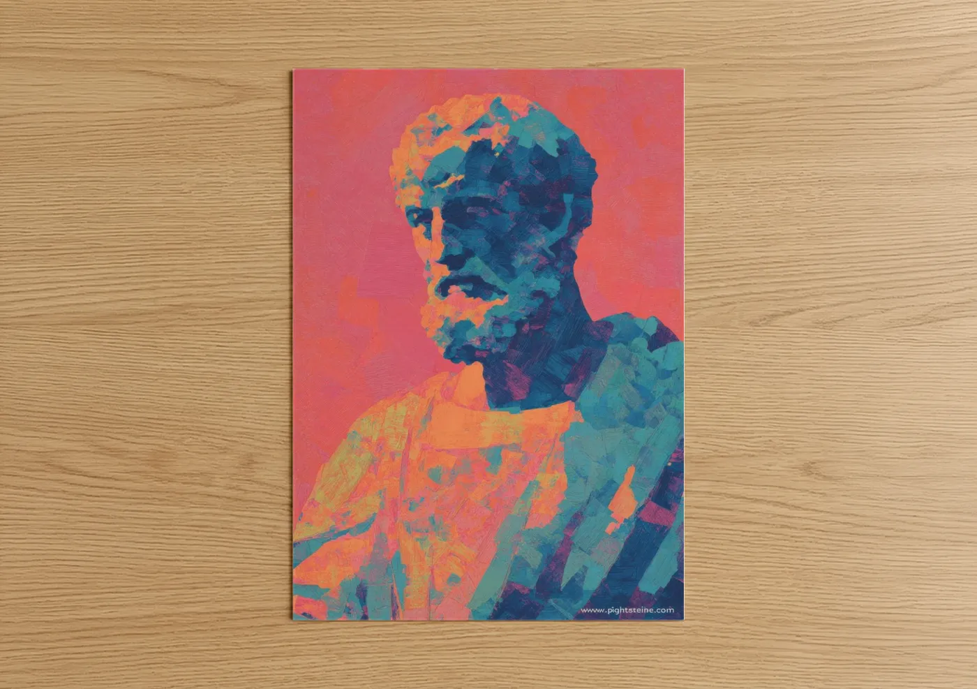 Art print on warm oak wood — orange and teal palette — Colorful St. Peter poster
