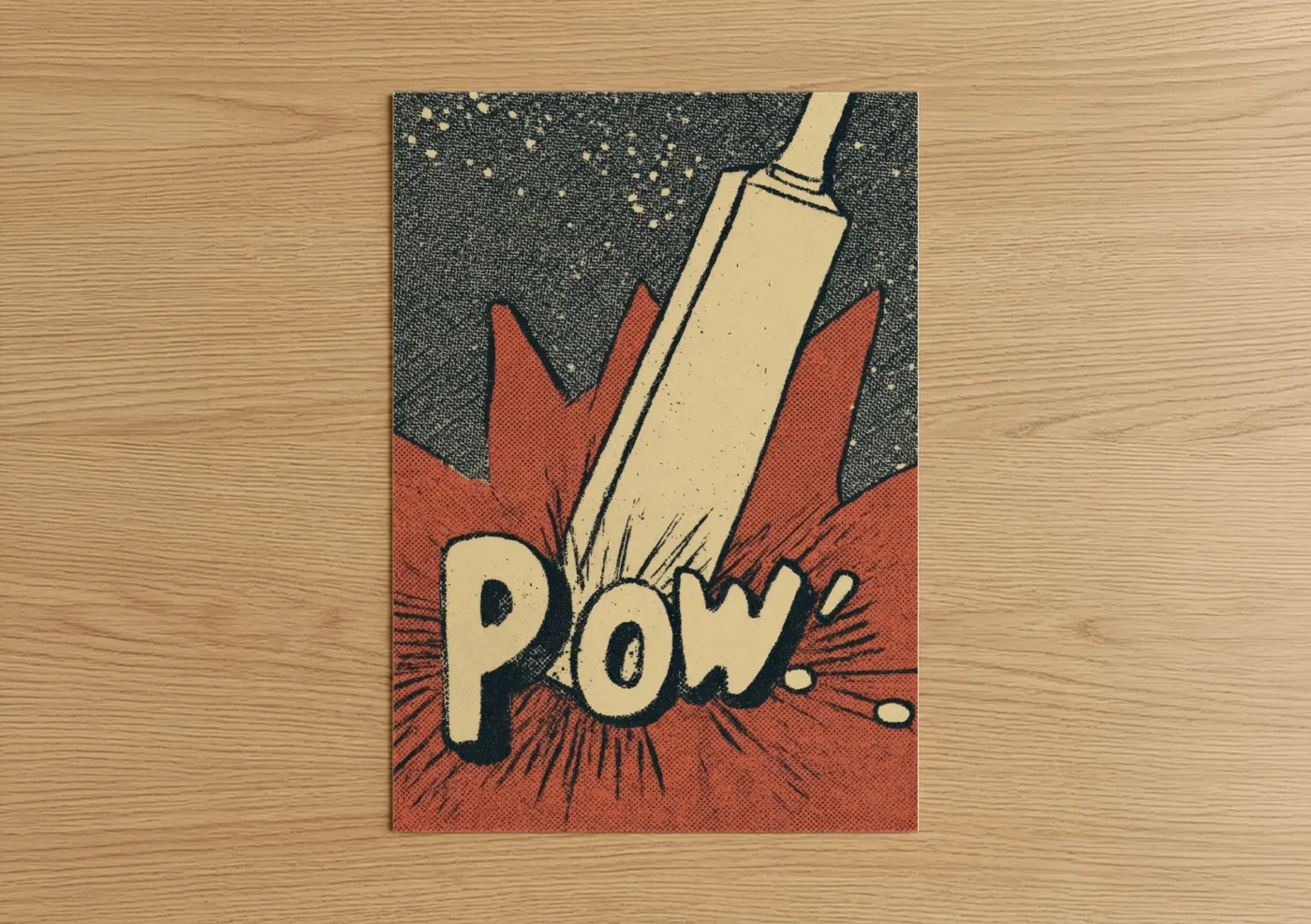 Art print on warm oak wood — red and cream palette — Cricket Pow poster