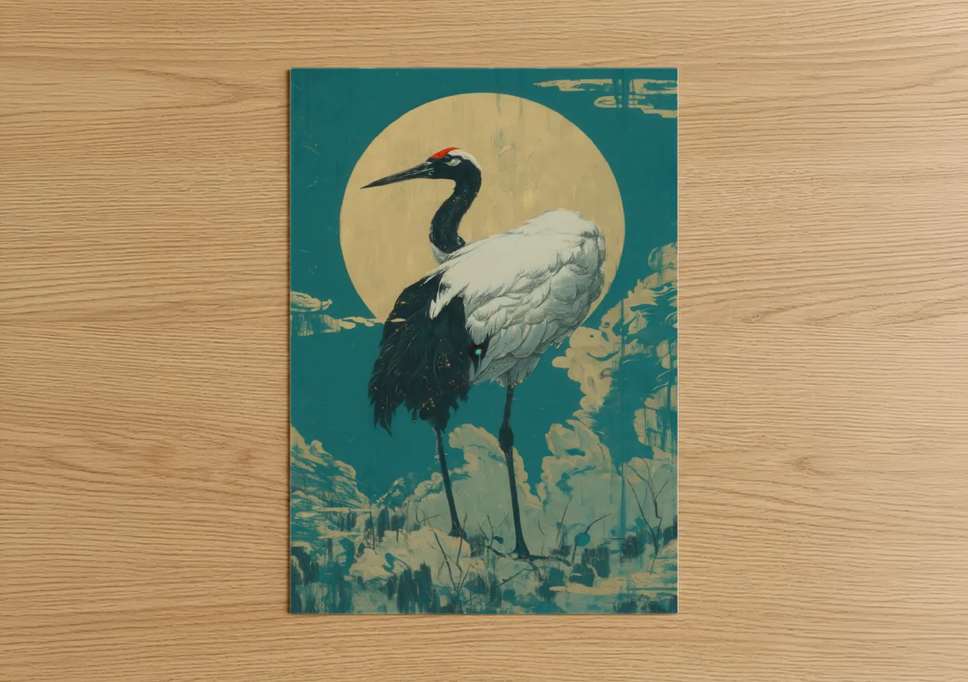 Art print on warm oak wood — teal and cream palette — Moonlit Crane poster