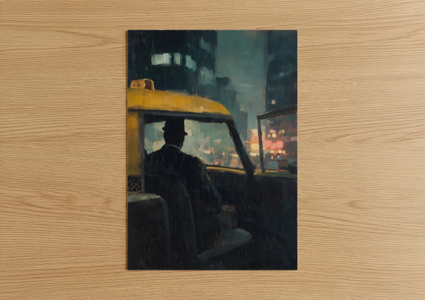 Noir Taxi Driver in Rain Cityscape Wall Art