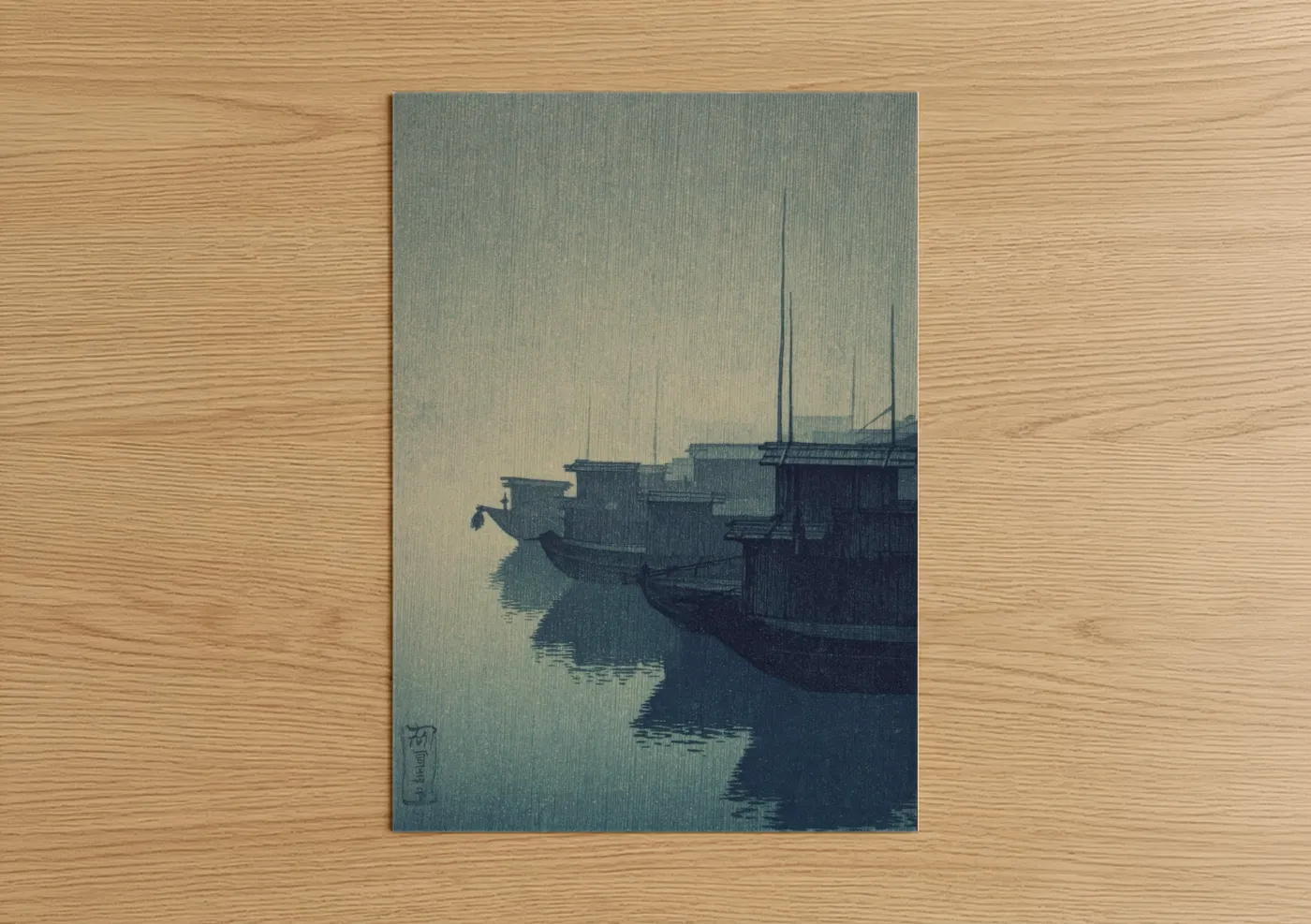 Old ships art print on warm oak wood — dove gray and dark blue palette — Misty Harbor Vessels poster