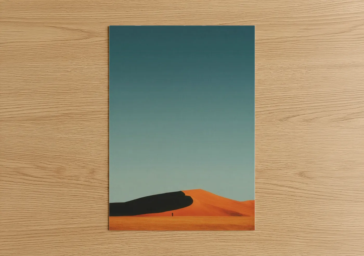 Art print on warm oak wood — orange and teal palette — Crimson Dune poster