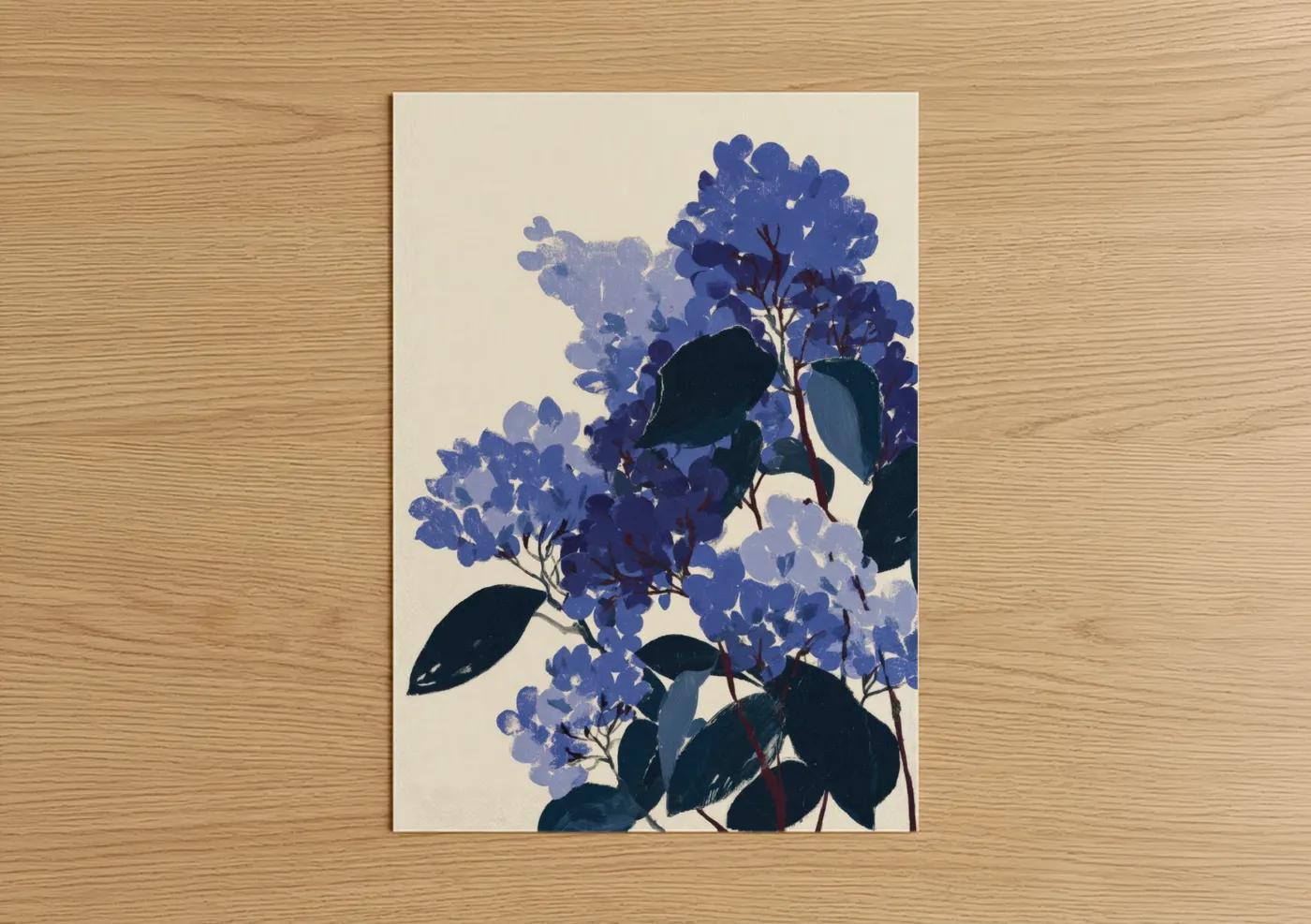Art print on warm oak wood — blue and black and white palette — Midnight Lilacs poster