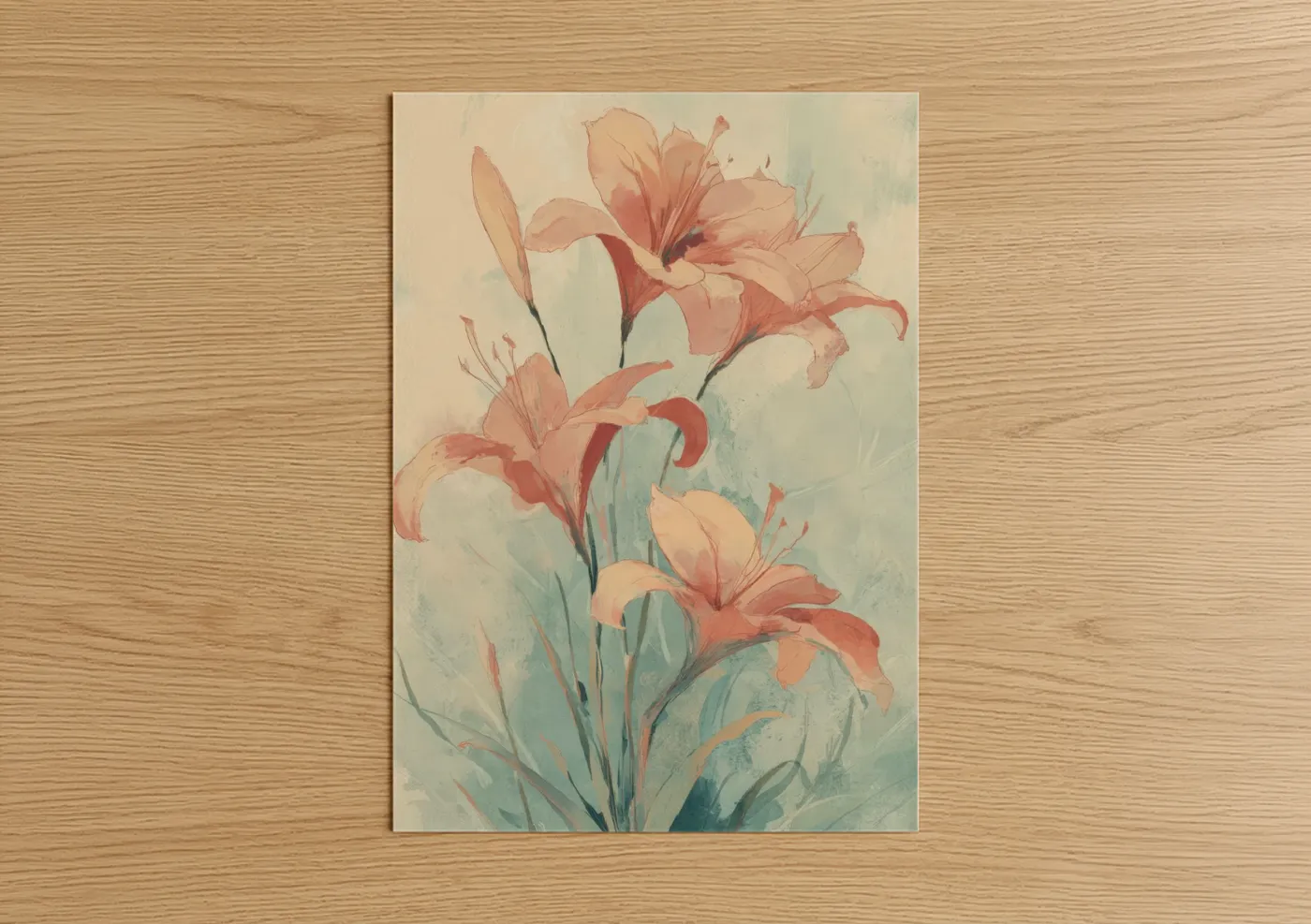 Coral Lily Bloom Watercolor Wall Art