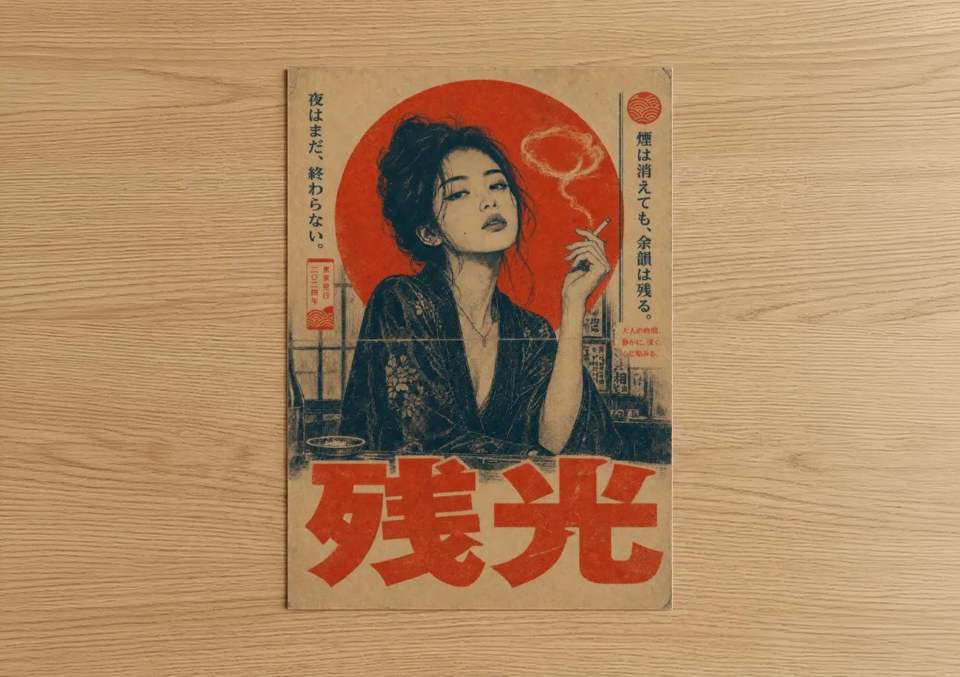 Art print on warm oak wood — red and beige palette — Vintage Japanese Cafe Smoking Woman Wall Art poster