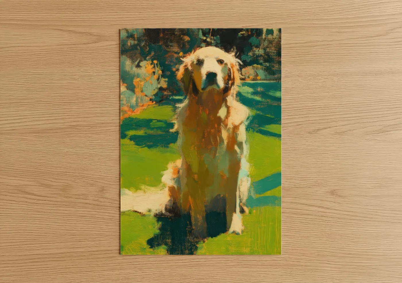 Art print on warm oak wood — gold and green palette — Golden Field Retriever poster
