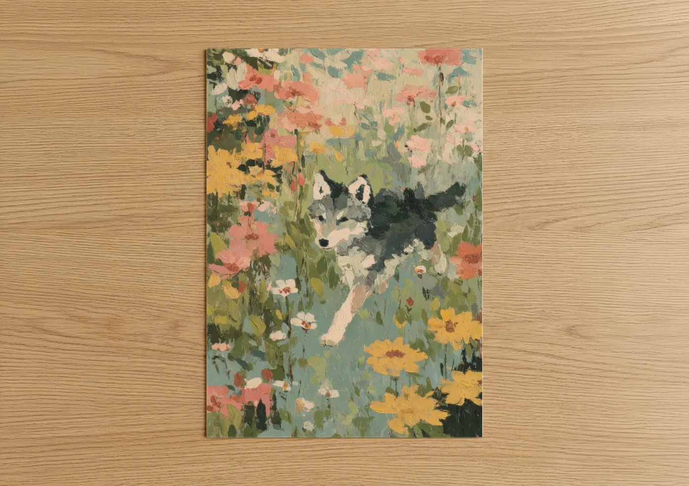 Wolf In Wildflower Garden Painting Wall Art