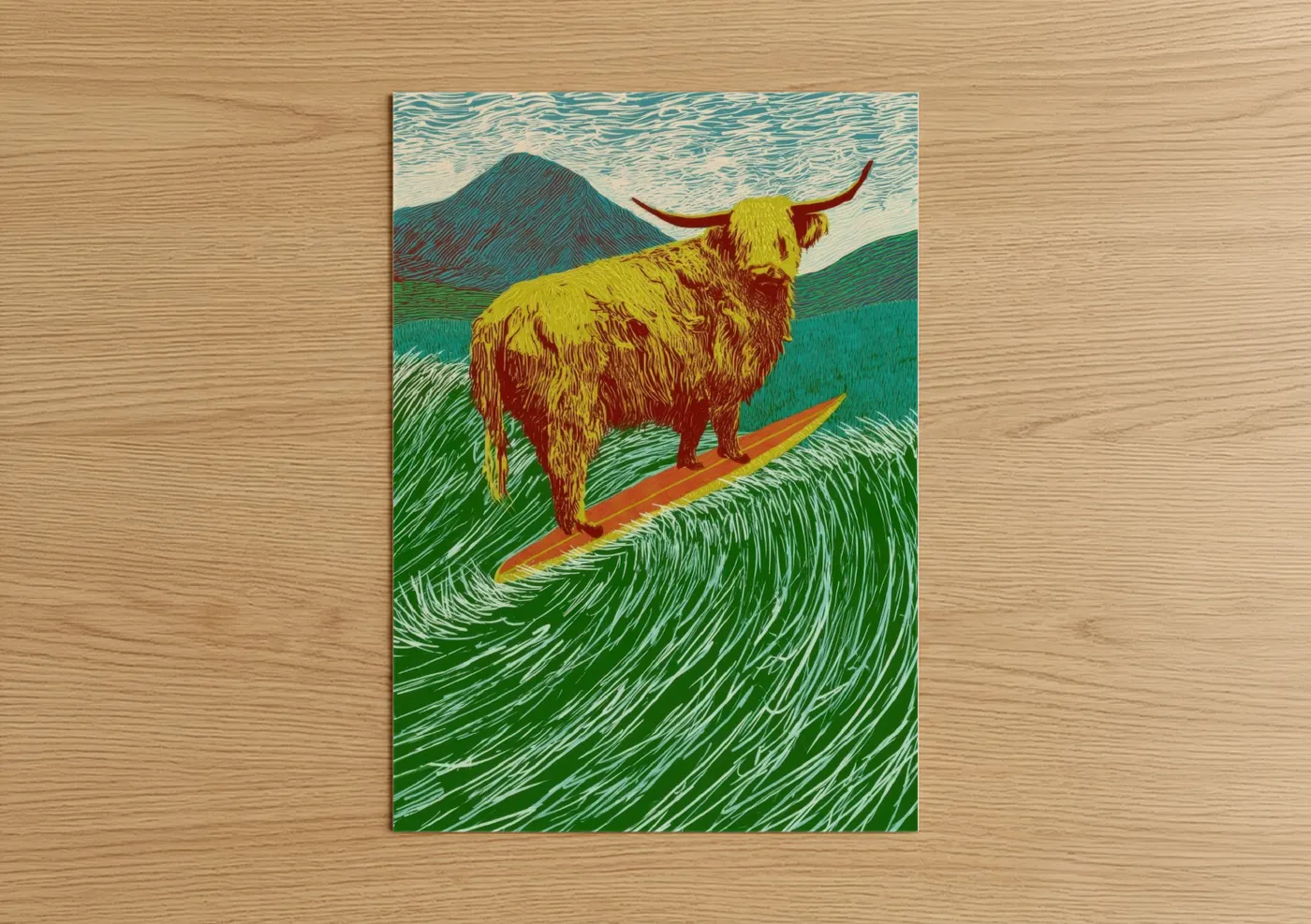 Yellow Highland Cow Mountain Landscape Wall Art