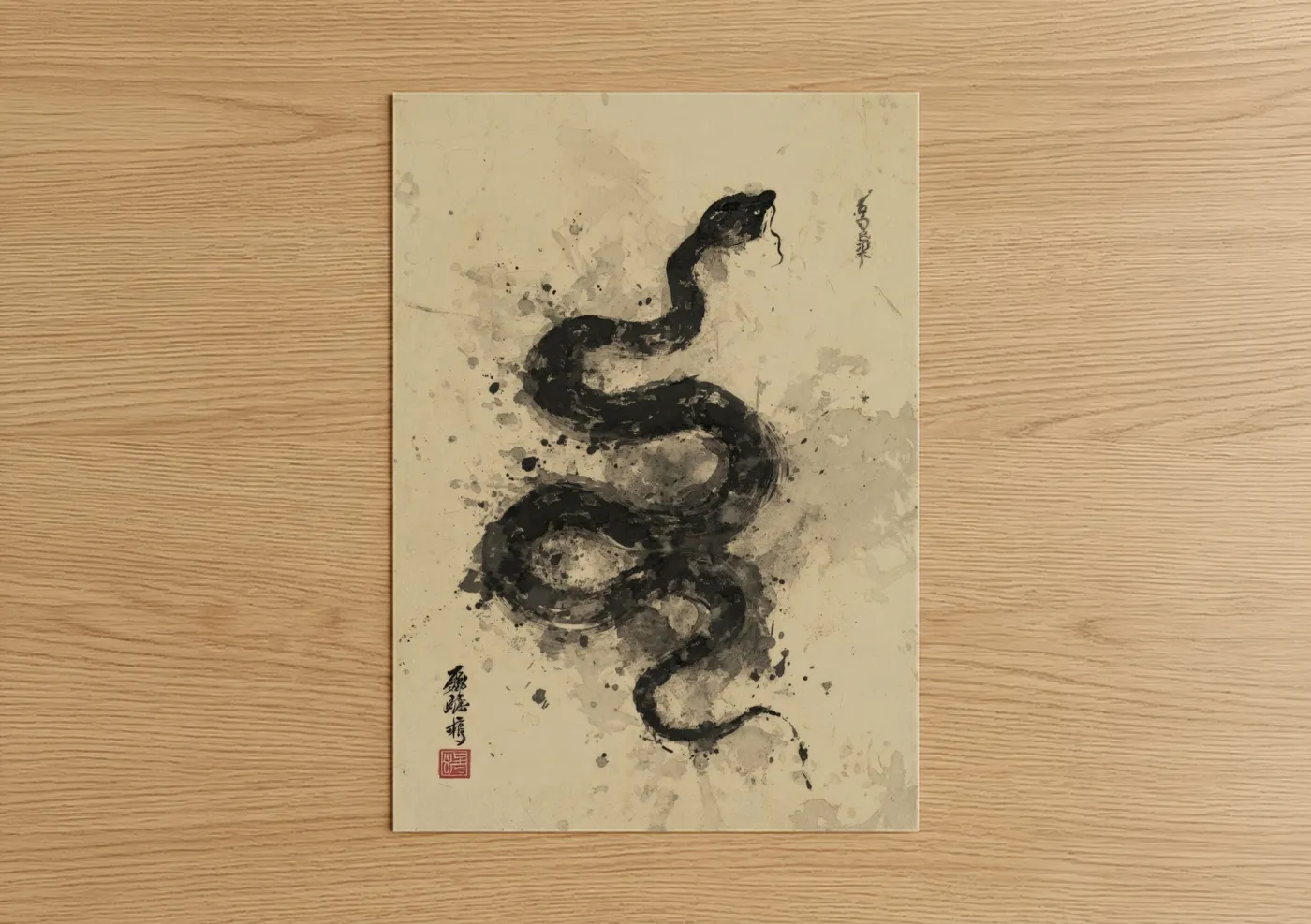 Art print on warm oak wood — black and cream palette — Ink Python poster