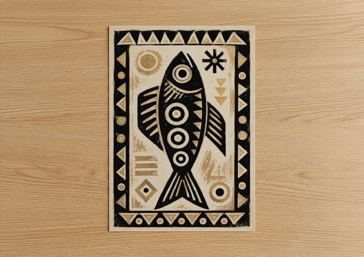 Salt water fish art print on warm oak wood — black and white and gold palette — Tribal Fish Geometric Art Wall Art poster