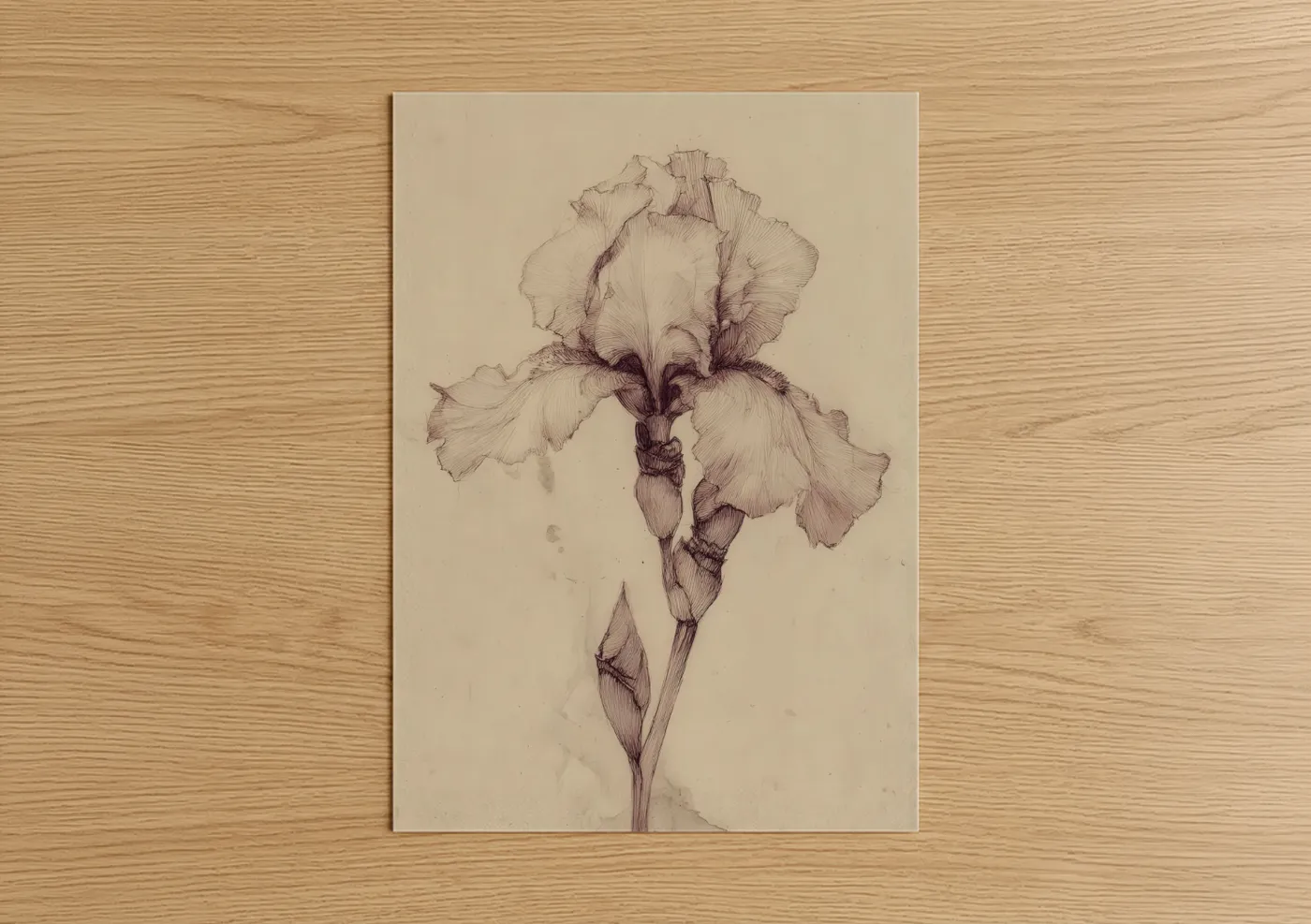Art print on warm oak wood — beige and brown palette — Delicate Iris Study poster