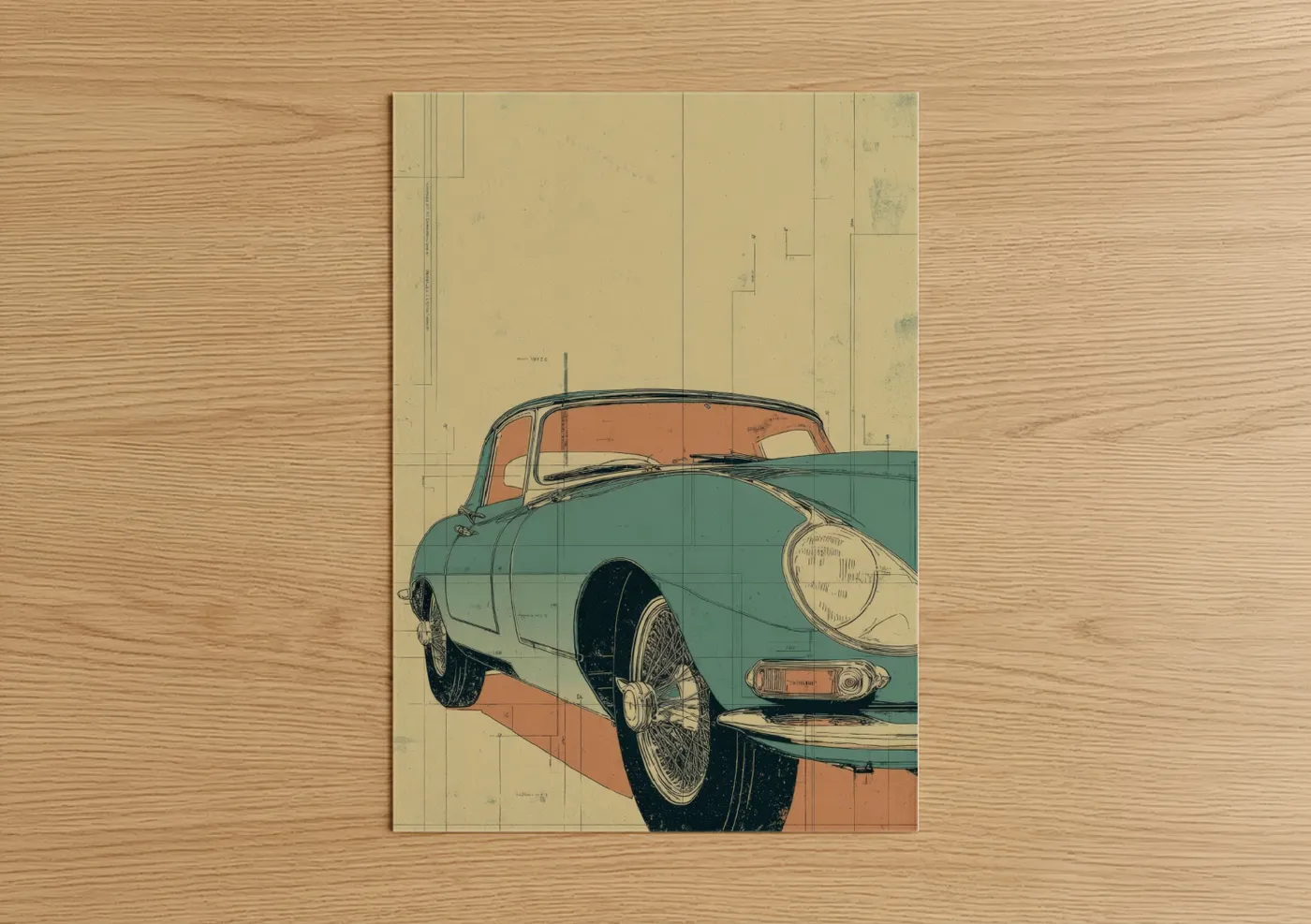 Turquoise Classic Car Vintage Blueprint Wall Art
