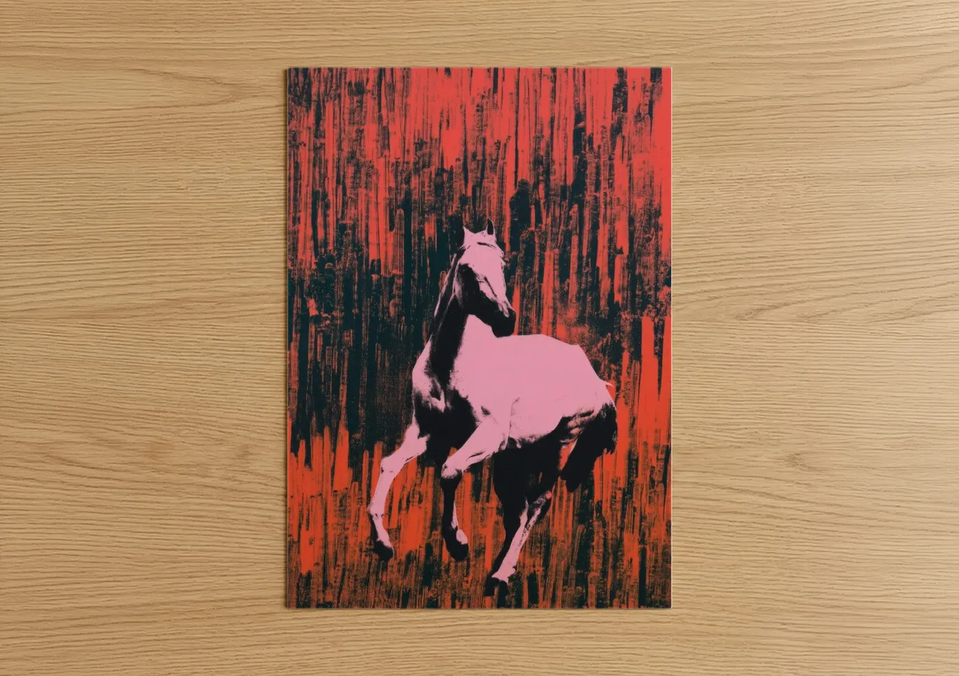 Art print on warm oak wood — red and pink palette — Pink Arabian Horse poster