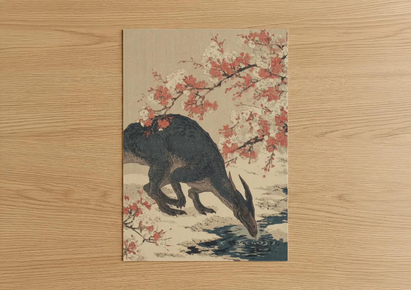 Art print on warm oak wood — cream and russet palette — Cherry Blossom Dinosaur poster