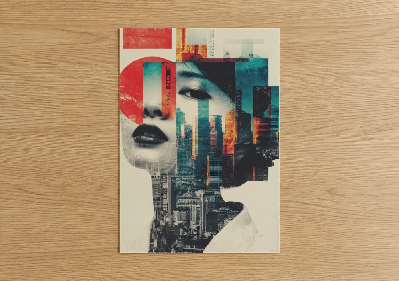 Japanese retrofuturism art print on warm oak wood — red and teal palette — Urban Reverie poster